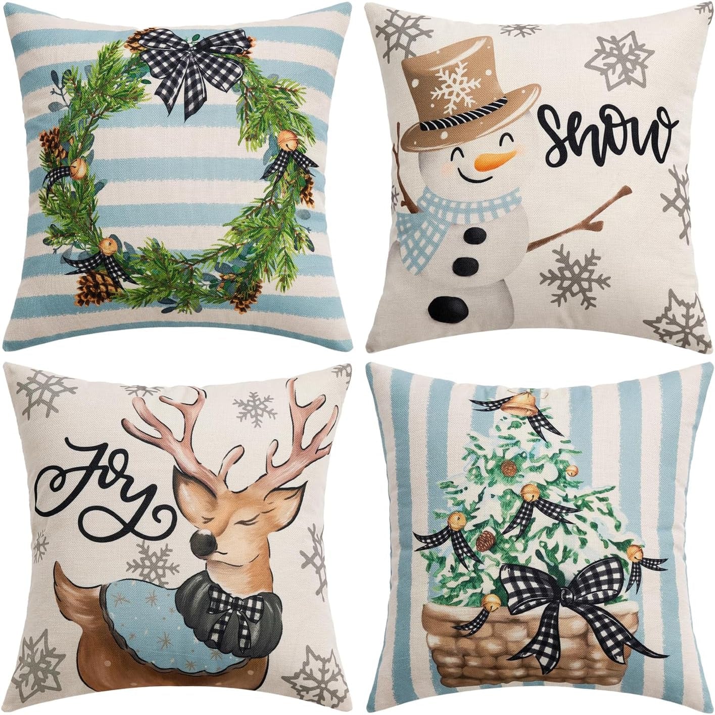 Set of 4 Holiday Blue Decorative Pillow Covers 16X16 Inch Snowman Elk Merry Christmas Throw Pillow Cases Winter Seasonal Cushion Cases Home Decors for Sofa Couch Bedroom