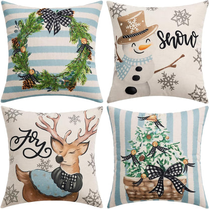 Set of 4 Holiday Blue Decorative Pillow Covers 16X16 Inch Snowman Elk Merry Christmas Throw Pillow Cases Winter Seasonal Cushion Cases Home Decors for Sofa Couch Bedroom