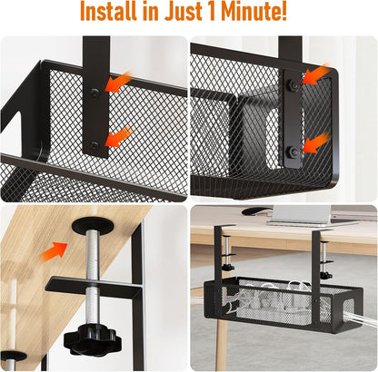 under Desk Cable Management Tray - Cable Management Tray No Drill with F-Clamp Design, Metal Mesh Cord Organizer, Sturdy Wire Organizers for Cords for Home Office Standing Desk, Black