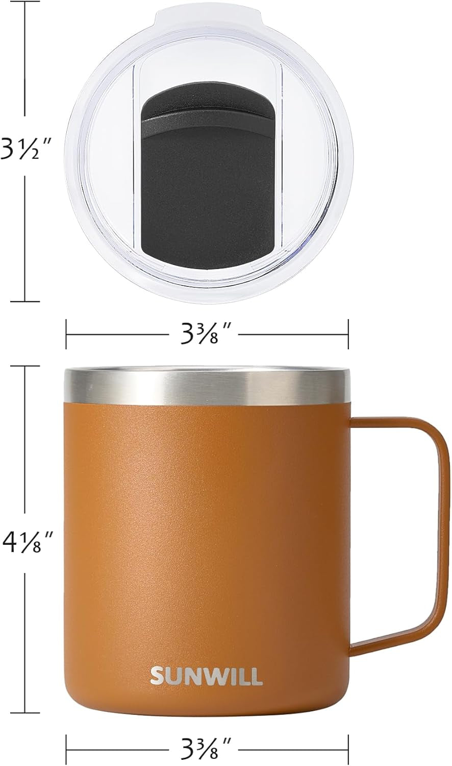 Insulated Coffee Mug with Lid, Travel Tumbler with Handle, 14 Oz Stainless Steel Cup for Camping, Office, Home, Powder Coated Caramel