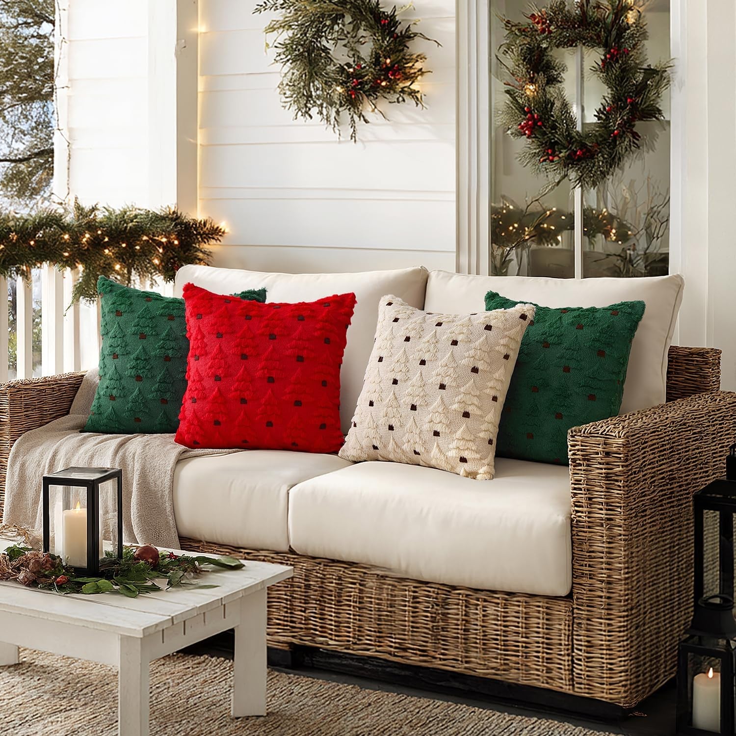 Christmas Tree Decorative Pillow Covers Faux Fur Wool Throw Pillows Soft Plush Cushion Covers Set of 2 Xmas Home Decor Winter Holiday for Sofa Couch Livingroom Bed 18X18 Inch Red