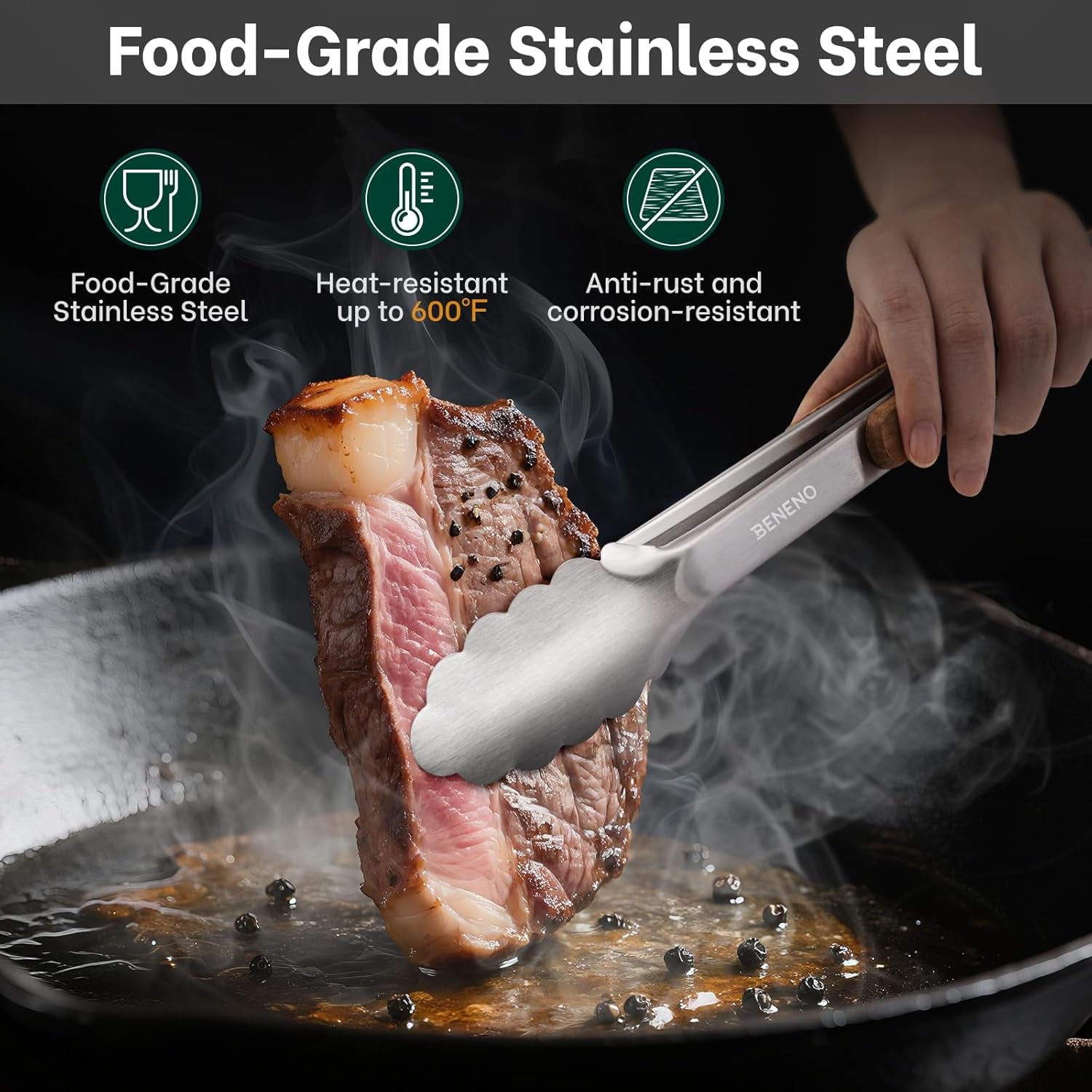 Tongs for Cooking, Food-Grade Stainless Steel Kitchen Tongs 12-Inch with Lightweight Heat-Insulating Wooden Grip & Non-Slip Scalloped Tips, Sturdy Locking Metal Tong for Cooking, Grill