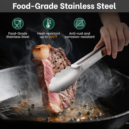 Tongs for Cooking, Food-Grade Stainless Steel Kitchen Tongs 12-Inch with Lightweight Heat-Insulating Wooden Grip & Non-Slip Scalloped Tips, Sturdy Locking Metal Tong for Cooking, Grill