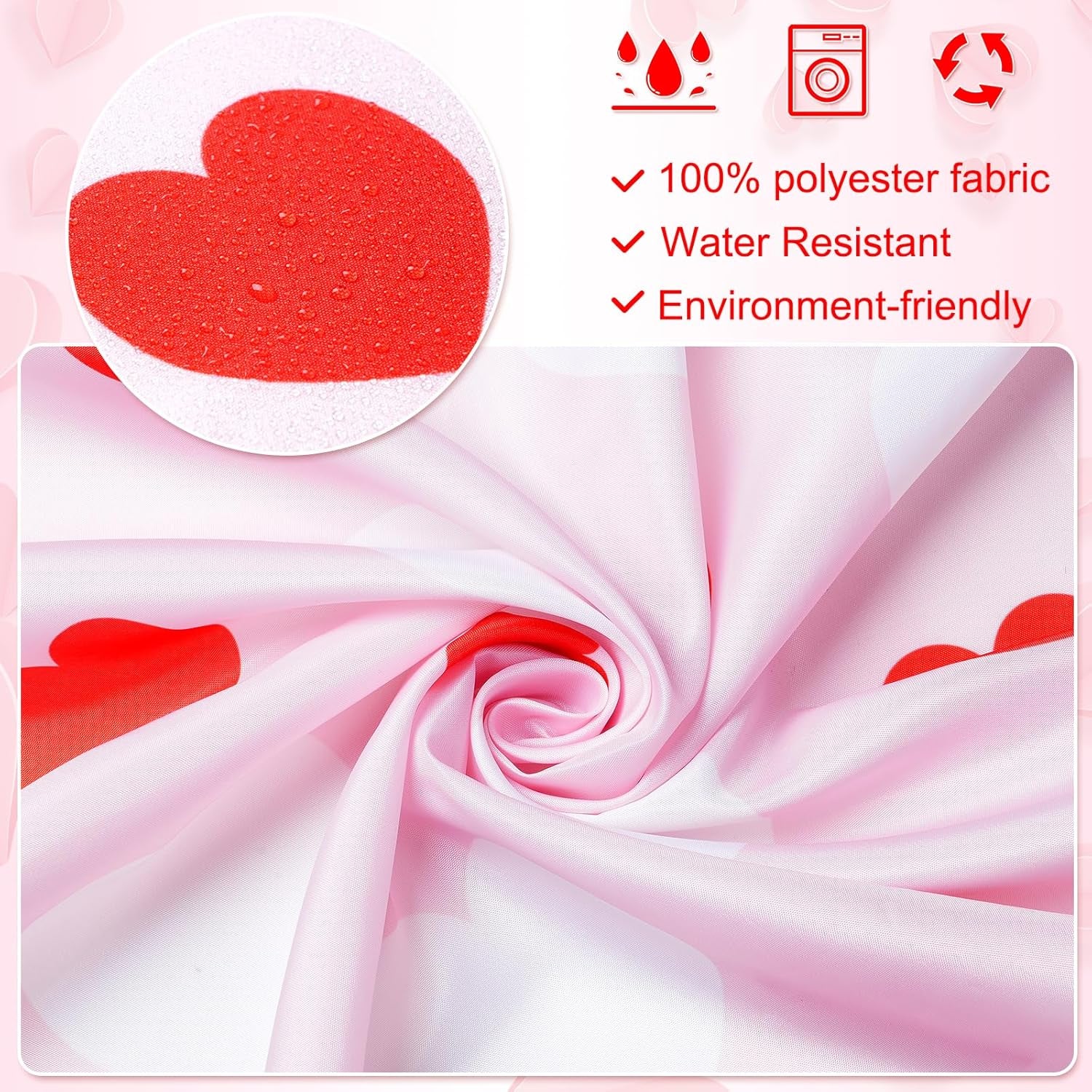 71 X 71 Inches Valentines Shower Curtain Red and White Love Heart Theme Romantic Bathroom Curtain Waterproof Polyester Curtain with Hooks Set for Valentine'S Bathroom Decorations