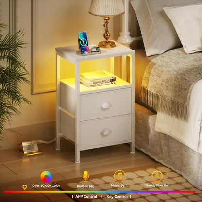 Nightstands Set of 2, End Tables Set of 2 with Charging Station and LED Lights, White Night Stands with 2 Fabric Drawers, Bedside Tables for Living Room/Bedroom