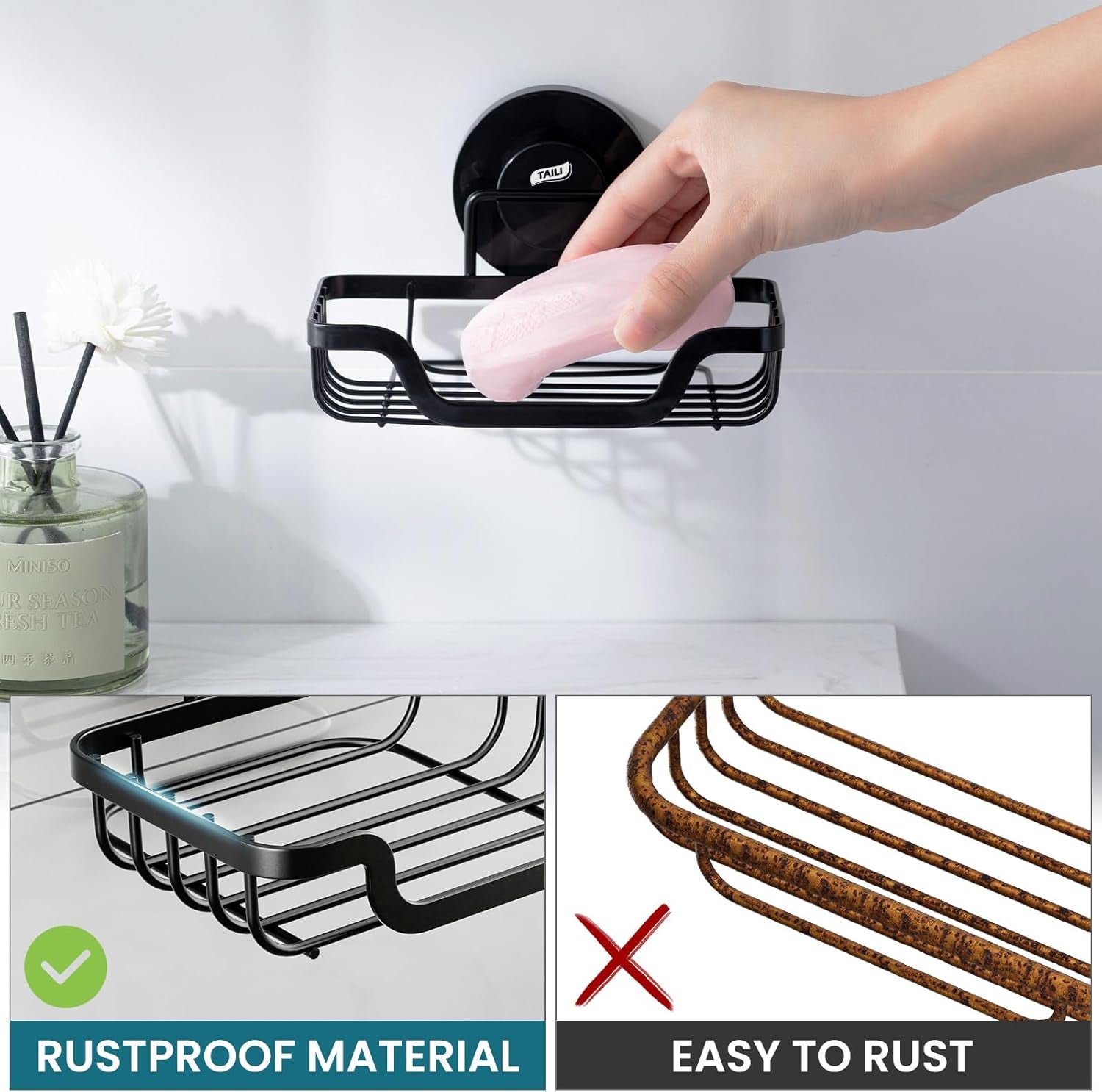 Soap Holder Bar Dish Suction Cup, Bar Shampoo Rack for Shower Wall, Draining Soap Saver Tray for Bathroom, Rustproof Stainless Steel Sponge Holder for Tub, Kitchen, Drill-Free, Black