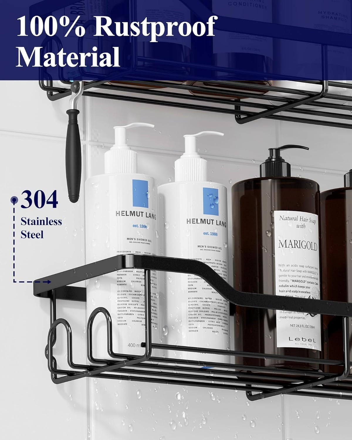 Shower Caddy Large - Adhesive Shower Organizer, Stainless Steel Shelf for inside Shower, No Drill Bathroom Organizers and Storage, Home Decor Accessories, 2 Pack, Black