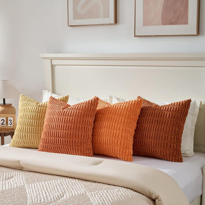 Set of 4 Burnt Orange Fall Decorative Throw Pillow Covers 18X18 Inch for Couch Bed Chair, Modern Farmhouse Boho Room Decor, Soft Fuzzy Corduroy Textured Striped Cushion Case 45Cm