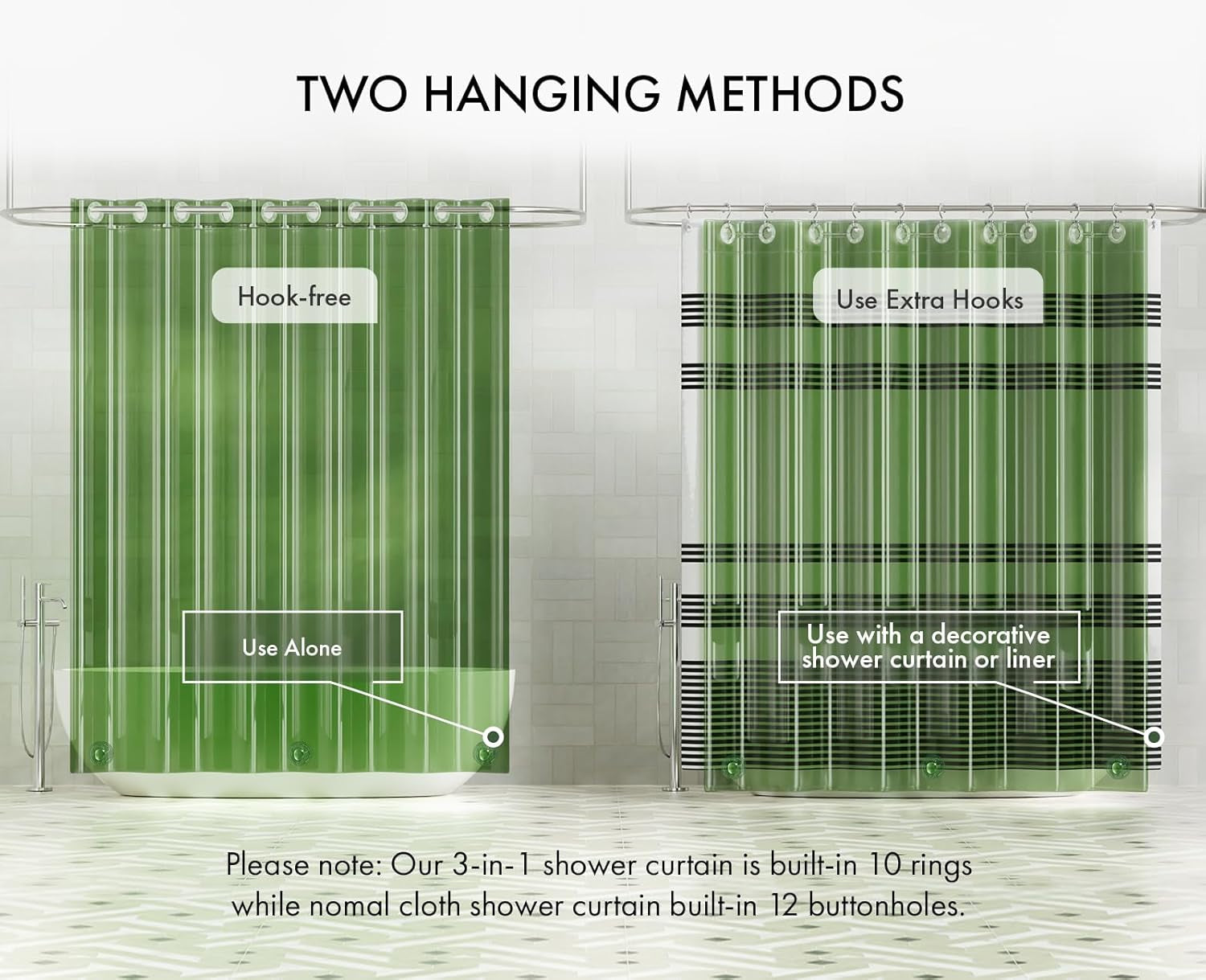 No Hook Shower Curtain Liner, 100% EVA Heavy Duty Hookless Shower Curtain and Liner 3-In-1, 72X75 Luxury Soft Shower Liner with 3 Heavyweight Stones, Clear Green