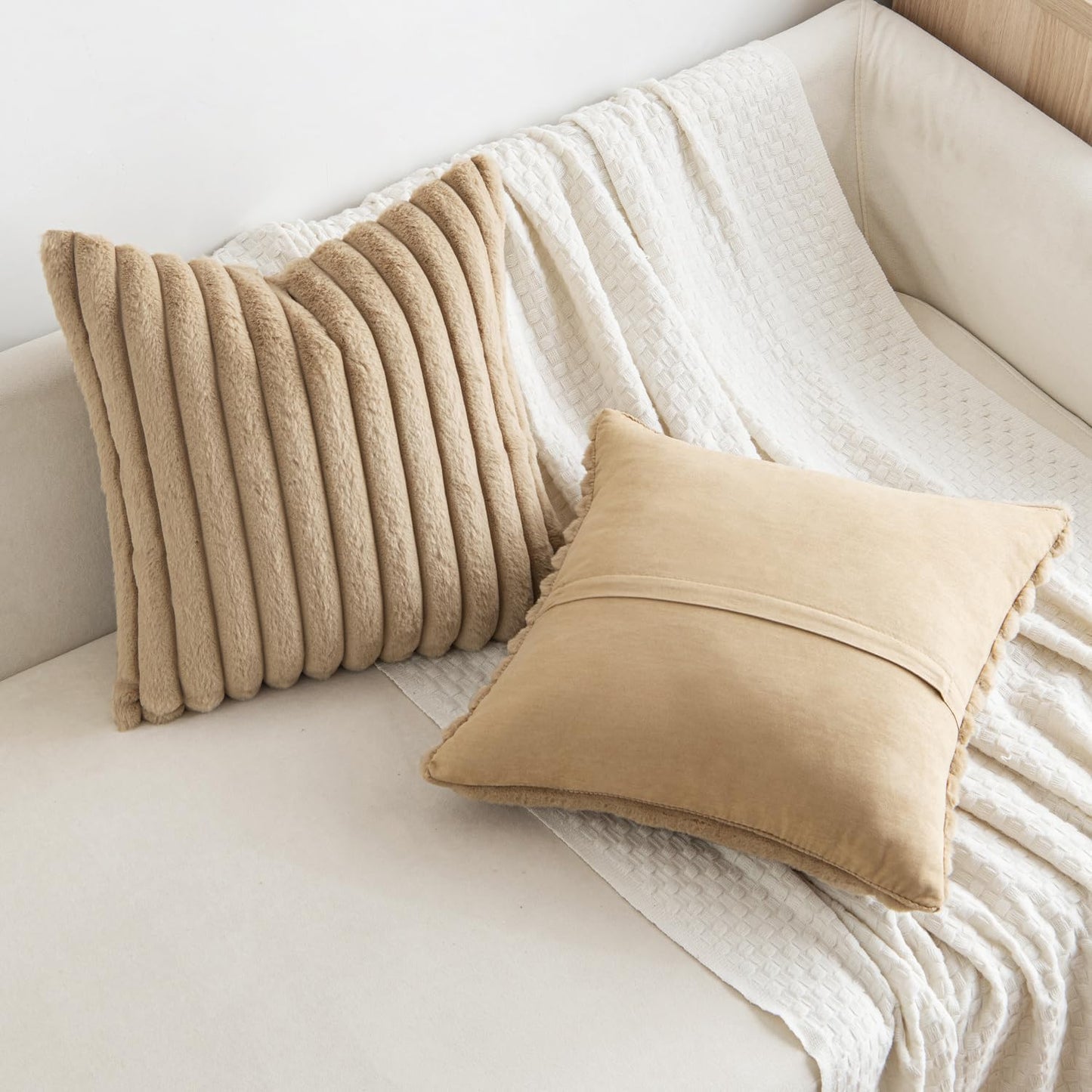 Faux Fur Plush Decorative Throw Pillow Covers Set of 2 Luxury Soft Fluffy Striped Pillowcases Cushion for Sofa Couch Bed Living Room Khaki 18X18 Inch