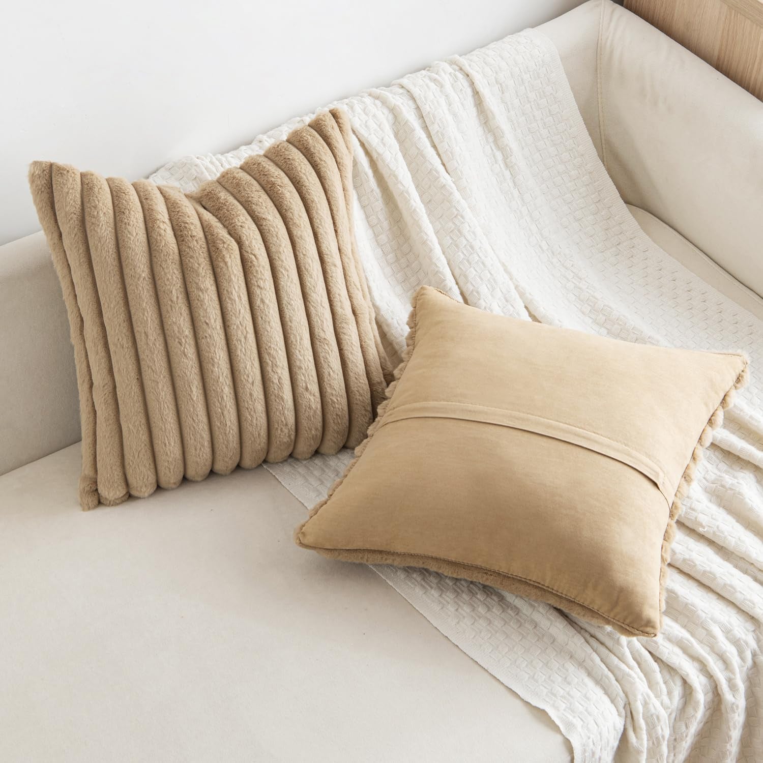 Faux Fur Plush Decorative Throw Pillow Covers Set of 2 Luxury Soft Fluffy Striped Pillowcases Cushion for Sofa Couch Bed Living Room Khaki 18X18 Inch