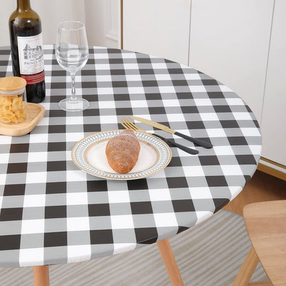 round Fitted Tablecloth with Elastic Edge, Buffalo Plaid Waterproof Vinyl Flannel Backed Table Coloth Cover Fits 36"-44" round Tables for Dinner, Outdoor, Picnic, Black White Check