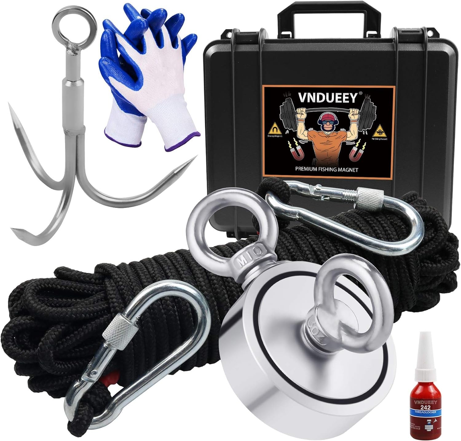 Fishing Magnet Kit with 1000 LBS Pulling Capacity - Includes Grappling Hook, Heavy Duty 65FT Rope, Gloves, and Locking Carabiner - 2.95 Inch Diameter