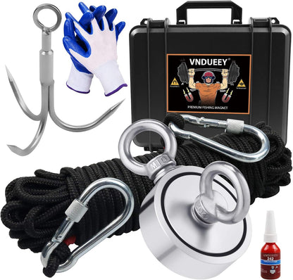 Fishing Magnet Kit with 1000 LBS Pulling Capacity - Includes Grappling Hook, Heavy Duty 65FT Rope, Gloves, and Locking Carabiner - 2.95 Inch Diameter