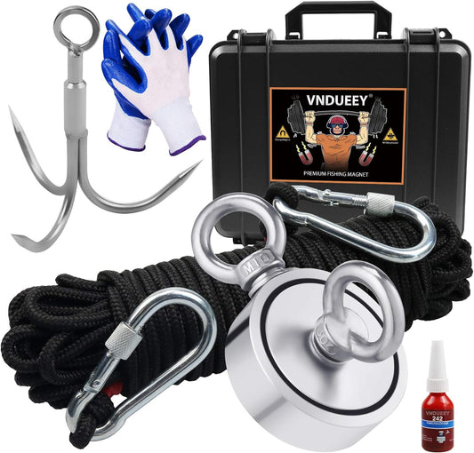 Fishing Magnet Kit with 1000 LBS Pulling Capacity - Includes Grappling Hook, Heavy Duty 65FT Rope, Gloves, and Locking Carabiner - 2.95 Inch Diameter