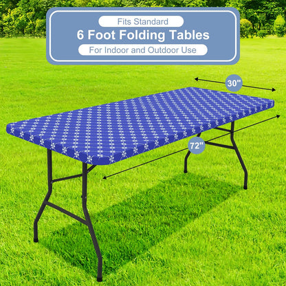 Rectangle Vinyl Table Cloth, Elastic Fitted Tablecloth with Flannel Backing, Waterproof Plastic Table Cover Fits 6 Foot Folding Tables for Camping, Indoor and Outdoor (Blue, 30" X 72")