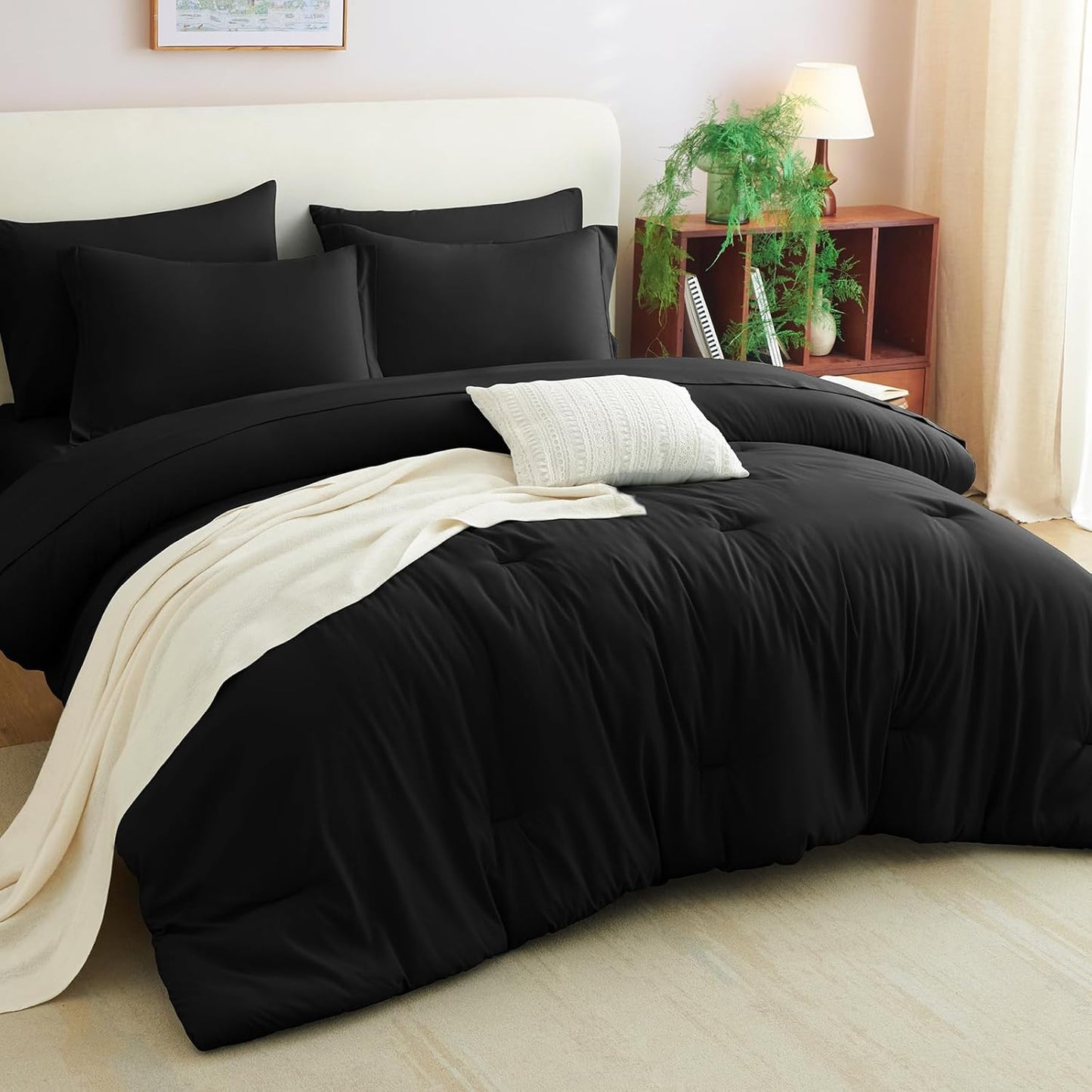 Queen Comforter Set Black, 7 Pieces Bed in a Bag Soft Bedding Comforter Set with Sheets, All Season Boho 7PC Bed Sets with Comforter, Fitted Sheets, Flat Sheets, Pillow Shams and Pillowcases