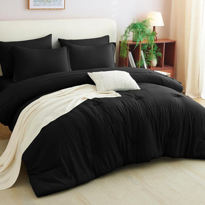 Queen Comforter Set Black, 7 Pieces Bed in a Bag Soft Bedding Comforter Set with Sheets, All Season Boho 7PC Bed Sets with Comforter, Fitted Sheets, Flat Sheets, Pillow Shams and Pillowcases