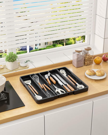 Silverware Organizer - Expandable Utensil Drawer Organizer with Non-Slip Pads, Adjustable Kitchen Drawer Organizer for Home, Apartment and Kitchen Essentials, Black, 13.6" X 1.4" X 11.0"~19.9"