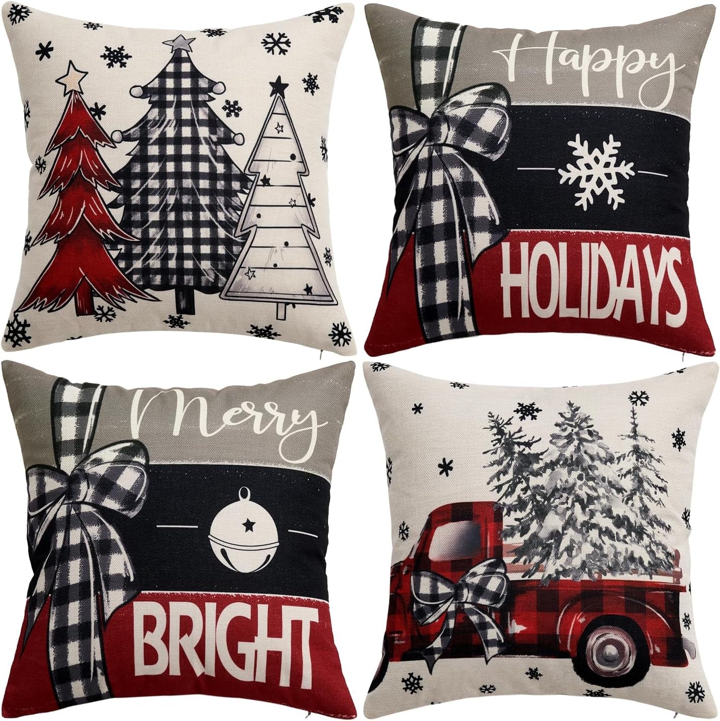 Set of 4 Black and Red Decorative Pillow Covers 16X16 Inch Happy Holiday Christmas Tree Throw Pillow Cases Winter Seasonal Cushion Cases Home Decors for Sofa Couch Bedroom