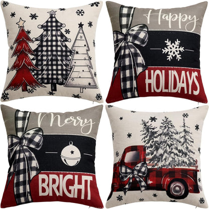 Set of 4 Black and Red Decorative Pillow Covers 16X16 Inch Happy Holiday Christmas Tree Throw Pillow Cases Winter Seasonal Cushion Cases Home Decors for Sofa Couch Bedroom