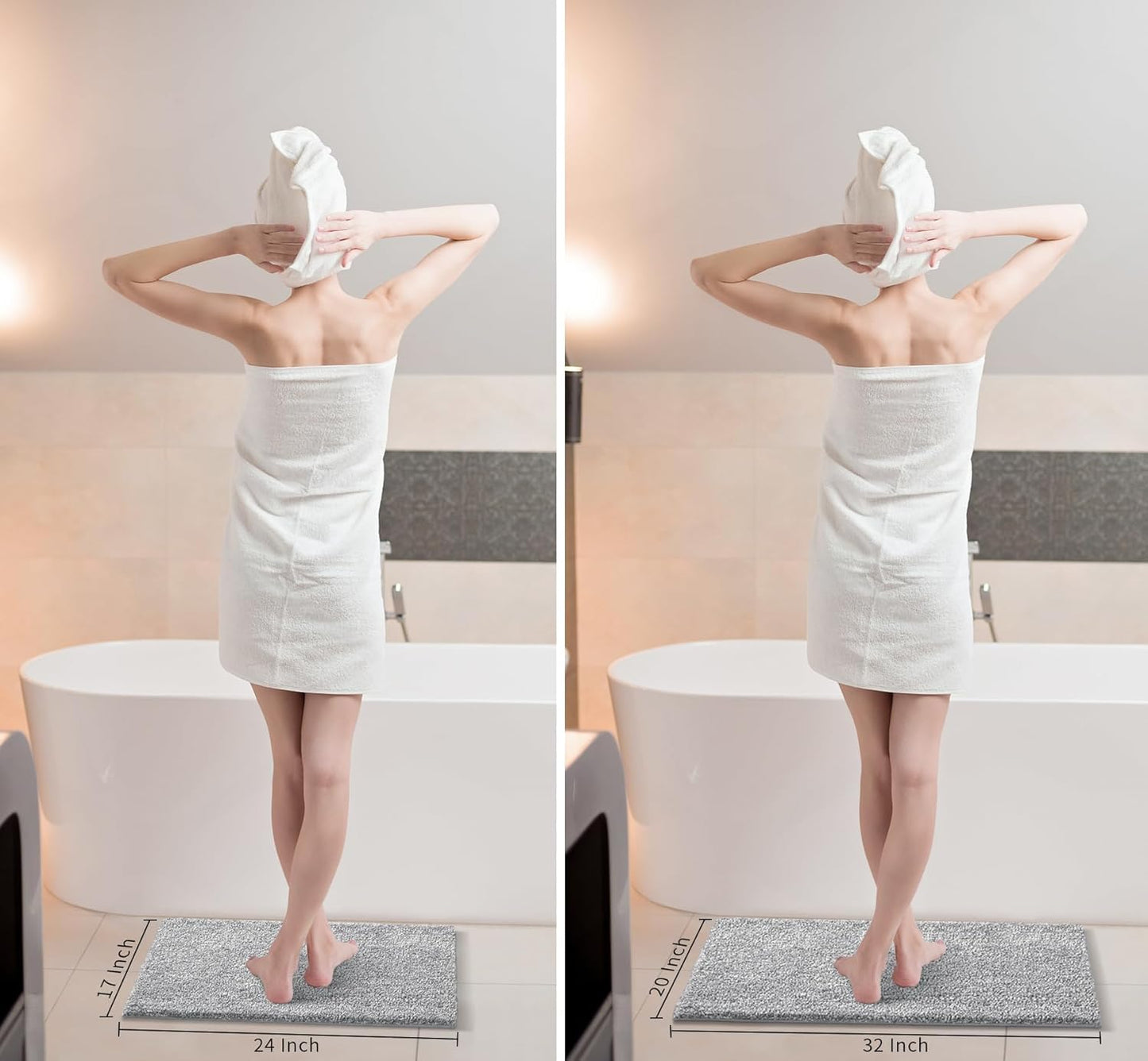 Bathroom Rugs Non Slip Washable, Extra Soft Comfortable Bath Mat, Water Absorbent Thick Floor Mats, Shaggy Rugs for Shower Bathtubs, 24"X17", Grey&White