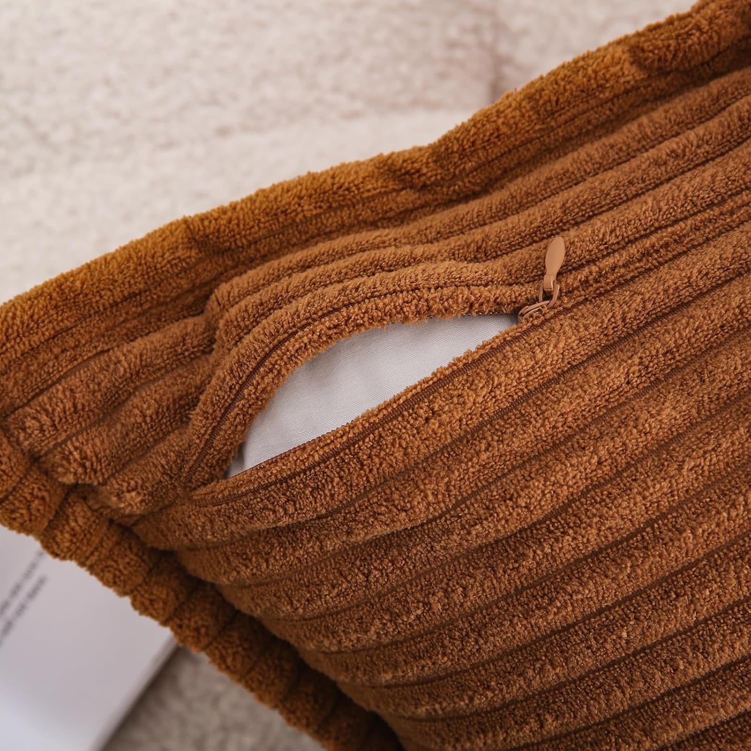 Corduroy Dark Brown Throw Pillow Covers Set of 2 Striped Boho Decorative with Edge Design,Super Soft Throw Pillow Cushion Covers for Couch Sofa Living Room Solid Square 16×16Inch/40Cm×40Cm