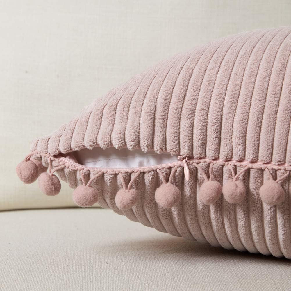 Pack of 2 Decorative Throw Pillow Covers with Pom-Poms, Soft Corduroy Solid Square Cushion Case Pillow Cases Set for Couch Sofa Bedroom Car Living Room (18X18 Inch/45X45 Cm, Blush Pink)