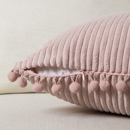 Pack of 2 Decorative Throw Pillow Covers with Pom-Poms, Soft Corduroy Solid Square Cushion Case Pillow Cases Set for Couch Sofa Bedroom Car Living Room (18X18 Inch/45X45 Cm, Blush Pink)