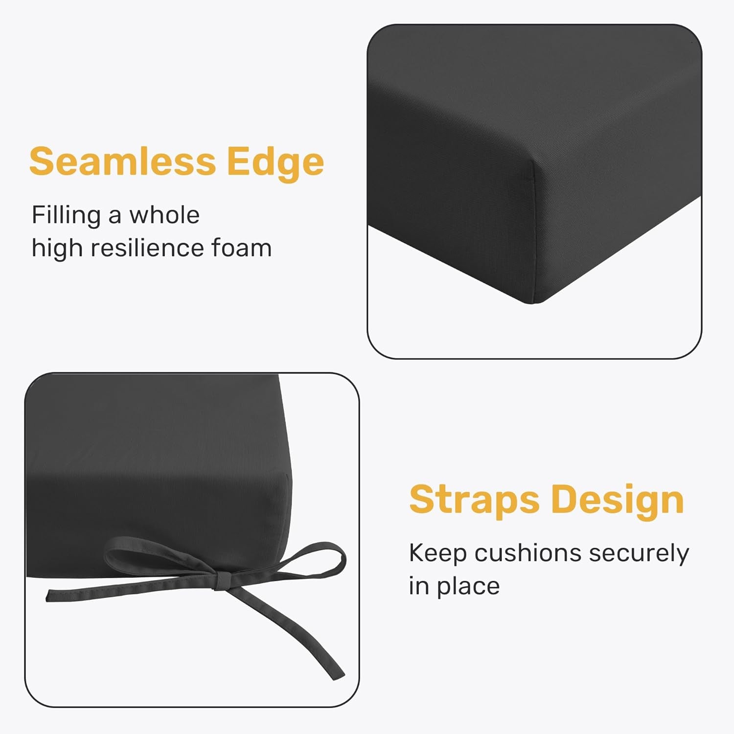 Outdoor Chair Cushions Pack of 4, Water Resistant Patio Cushions with Ties, High Density Sponge Filling Square Corner Seat Cushions for Outdoor Furniture, 18.5"*16"*3", Grey