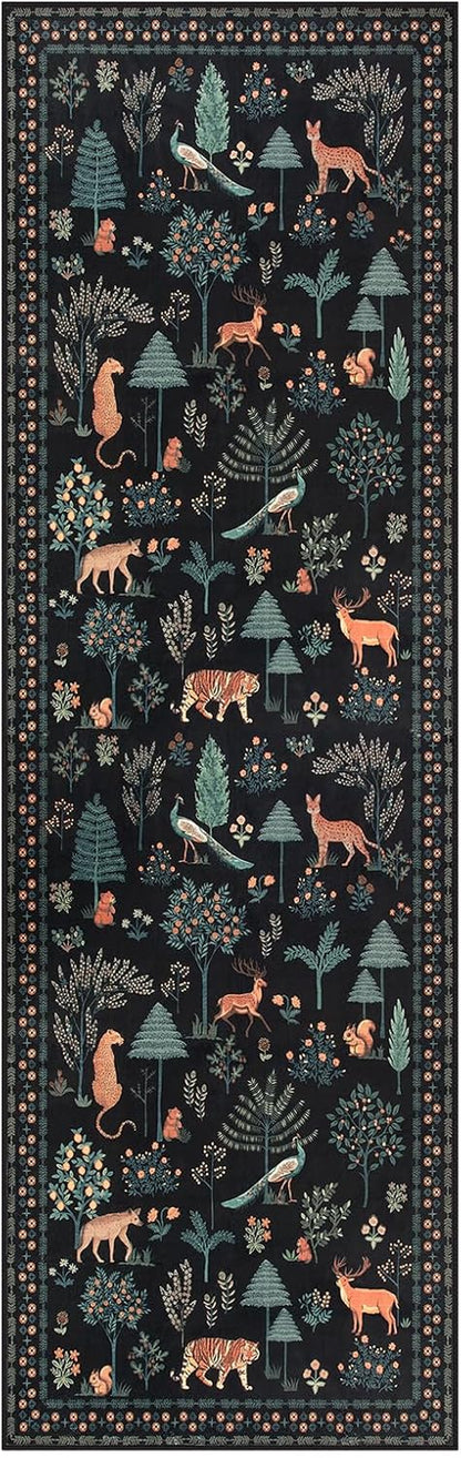 Jungle Kitchen Runner Rug, 2X10 Black Hallway Non Slip Washable Runner Rugs for Entryway, Modern Animal Carpet Non Shedding Mat for Hallway Laundry