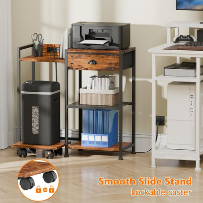Printer Stand with Storage Drawer,Printer Table with Charging Station and USB Port,Industrial 3 Tier Shelf, Shredder Stand with Wheels,For Home Office,Rustic Brown