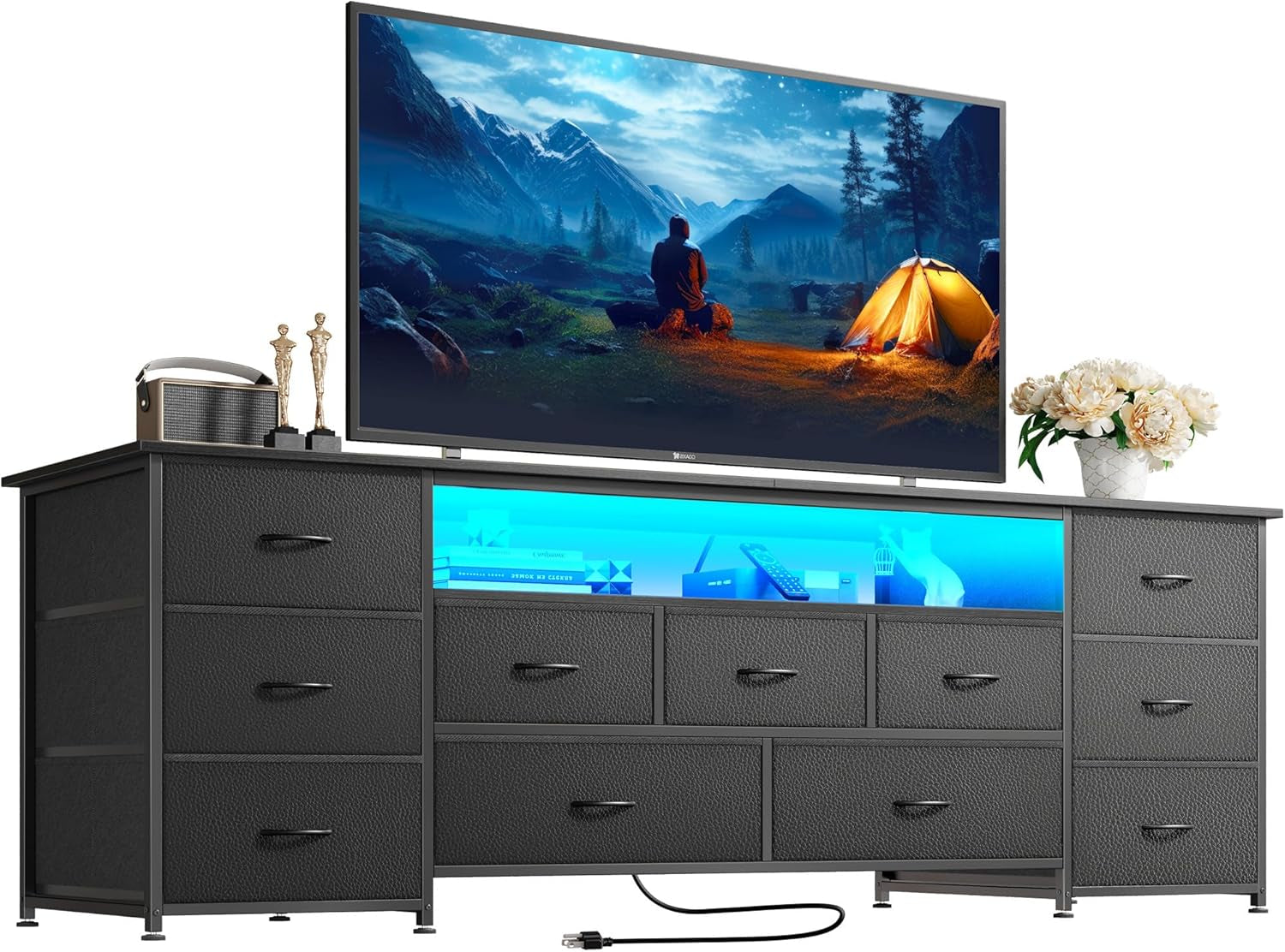 63-Inch TV Stand for 65-70 Inch TVs, 11-Drawer Long Dresser with Power Outlets and LED Lighting, Black Entertainment Center with Storage and PU Leather Surface