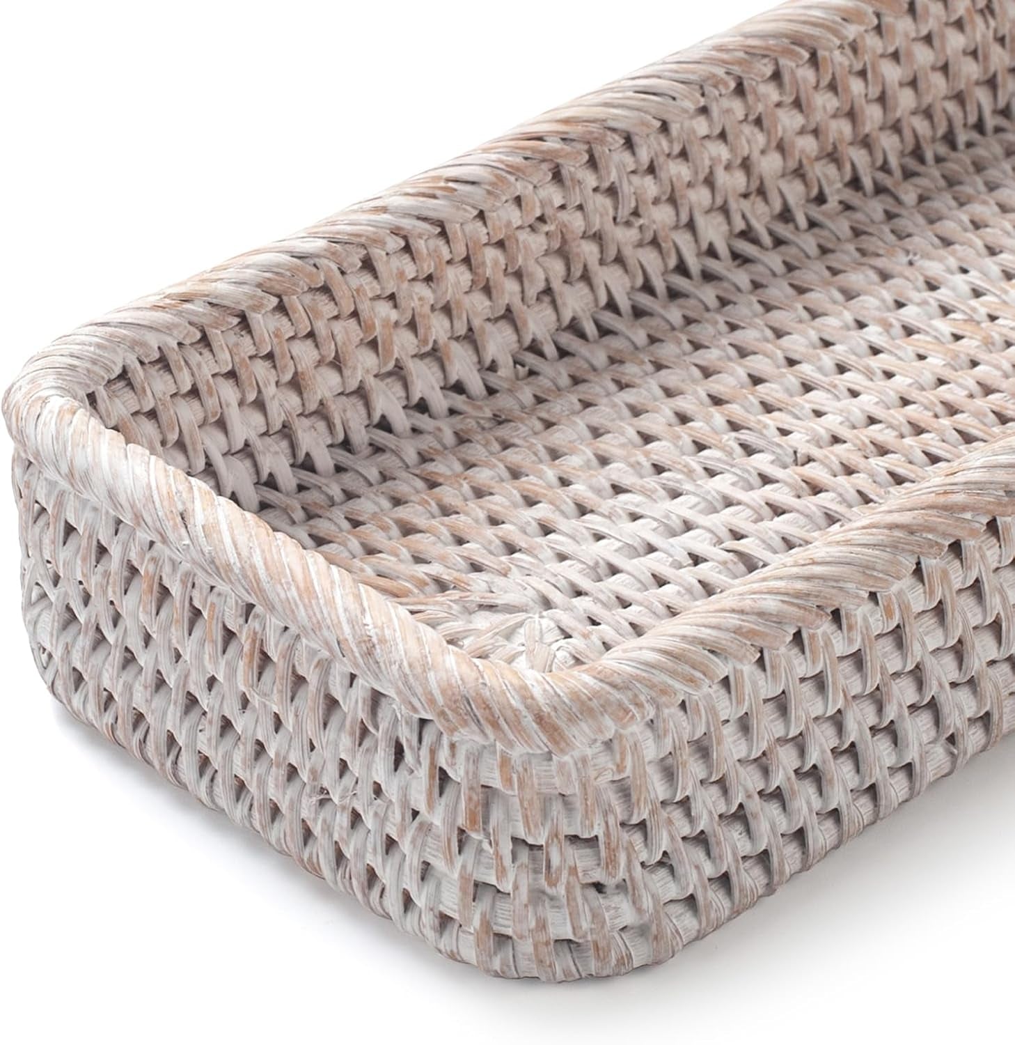 Rattan Bathroom Vanity Trays Toilet Tank Baskets Long Narrow Hand Towel Storage Basket for Storage, Decorative (Whitewash 10.2 X 4.9 X 1.6 Inch)