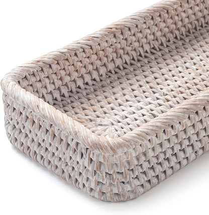 Rattan Bathroom Vanity Trays Toilet Tank Baskets Long Narrow Hand Towel Storage Basket for Storage, Decorative (Whitewash 10.2 X 4.9 X 1.6 Inch)