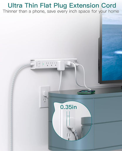 Extension Cord 10 Ft - Long Power Strip Surge Protector, 6 AC Outlet 4 USB (2 USB C), Flat Plug, Wall Mount, Multi Plug Outlet Extender Desk Charging Station for Home Office Dorm Room Essentials