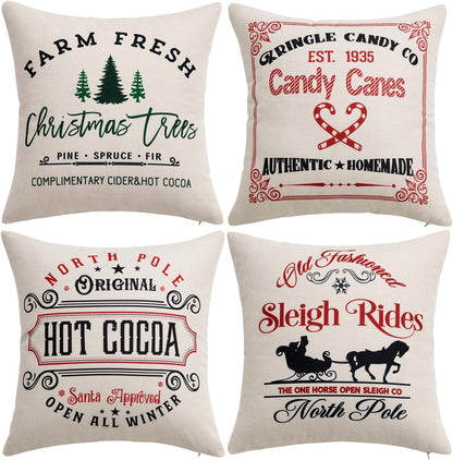 Set of 4 Holiday White Decorative Pillow Covers 18X18 Inch Candy Canes Sleigh Christmas Tree Throw Pillow Cases Winter Seasonal Cushion Cases Home Decors for Sofa Couch Bedroom
