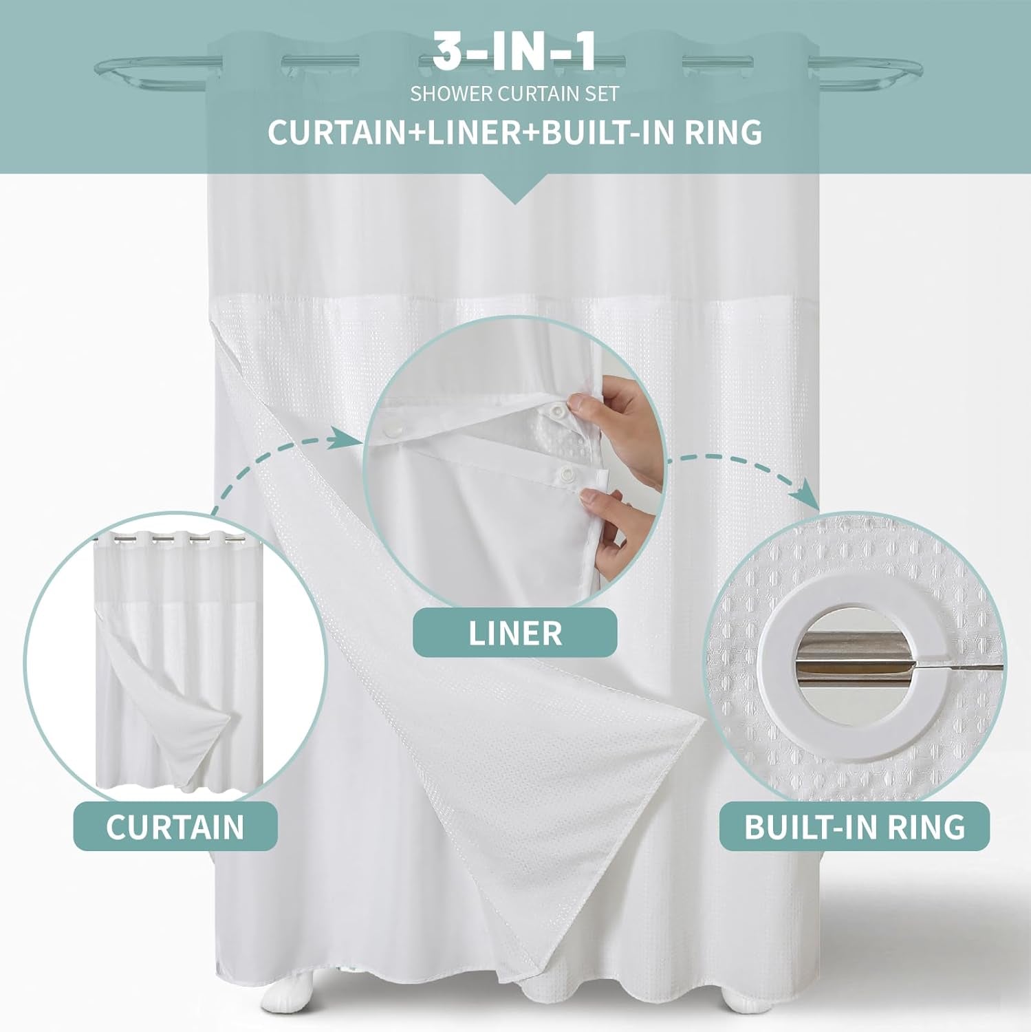 White No Hook Waffle Weave Shower Curtain with Snap-In Liner Replacement, 230GSM Waterproof Fabric Hotel Shower Curtain Set for Bathroom, through Mesh Top Window,71Wx74H