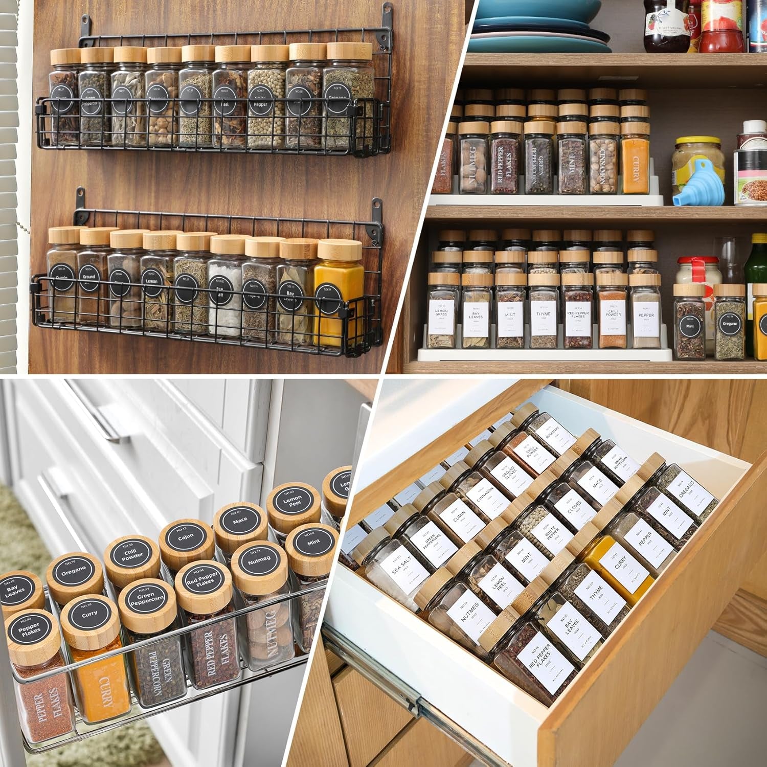 24 Pcs Glass Spice Jars with Bamboo Lids, 4 Oz Glass Jars with Minimalist Farmhouse Spice Labels Stickers, Collapsible Funnel, Seasoning Storage Bottles for Spice Rack, Cabinet, Drawer