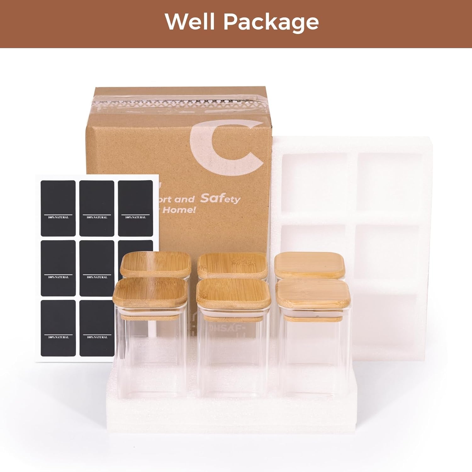 6Pcs 8Oz Spice Jars with Label Trial Set, Glass Spice Jars with Bamboo Lids Supplementary Set, Seasoning Container Trial Pack, Perfect for Ktichen Starter