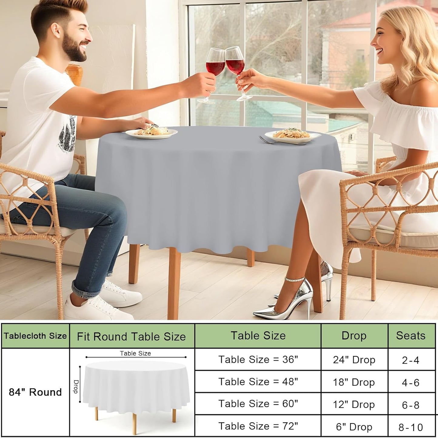 4 Packs Disposable Plastic Table Cloth, 84" round Waterproof Tablecloth, Leakproof & Sturdy Decorative Table Covers for Picnic, Party and Outdoor, Grey