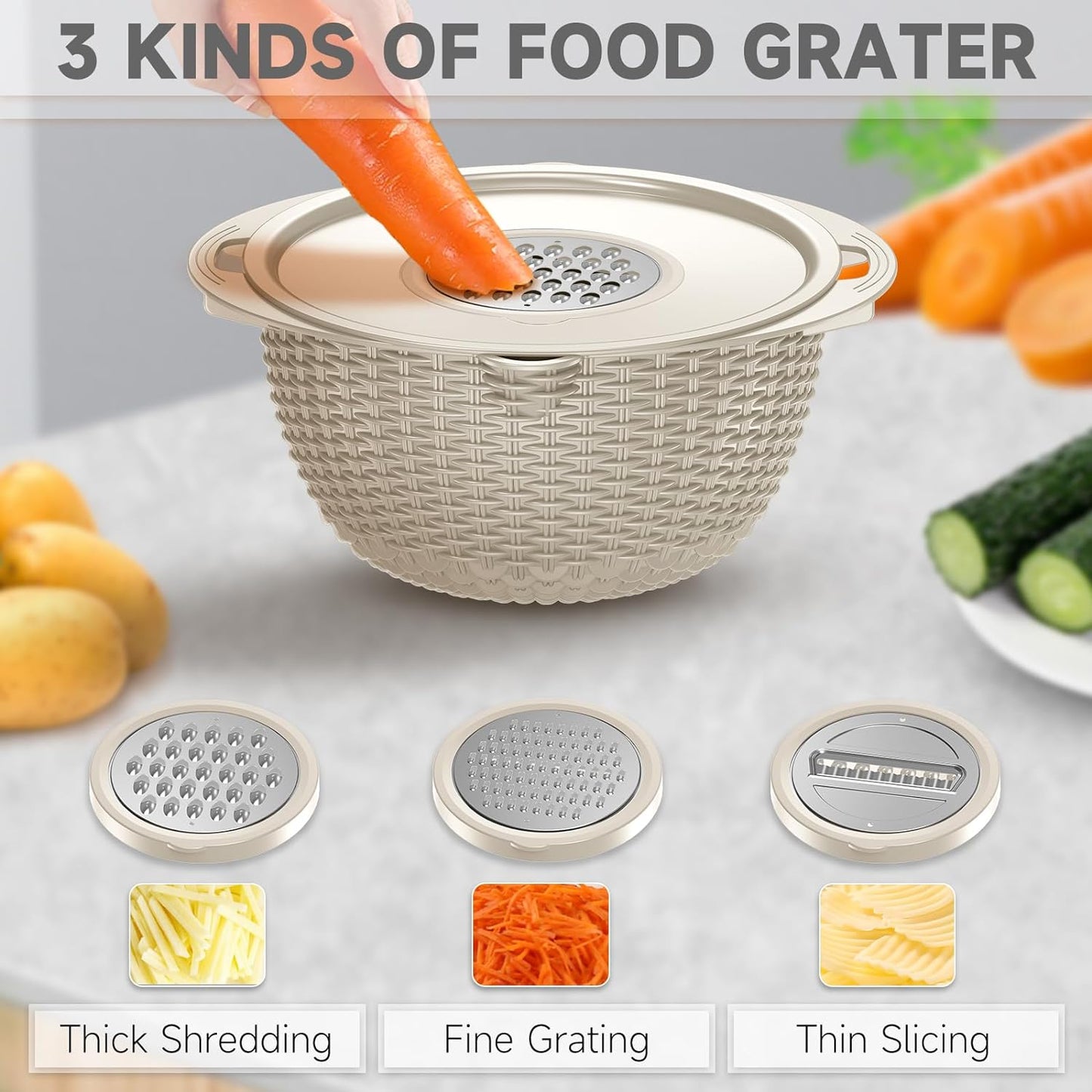 4-in-1 Rotatable Colander and Bowl Set with Measuring Spoons - Aesthetic Food Strainers and Colanders for Kitchen Essentials - Beige