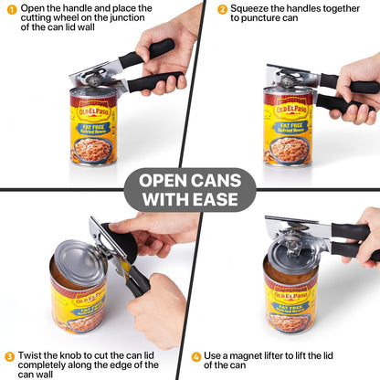 Can Opener Manual Heavy Duty,  Hand Held Can Openers for Seniors with Comfort Grip Sharp Blade, Solid Steel Hand Manual Can Open with Magnet for Kitchen Camping, Black