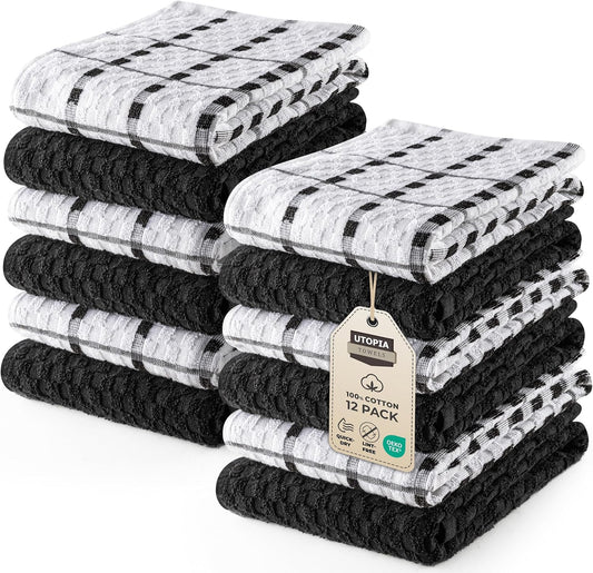 - Kitchen Towels 12 Pack, 15 X 25 Inches, 100% Ring Spun Cotton Super Soft and Absorbent Linen Dish, Tea and Bar Towels Set, Black
