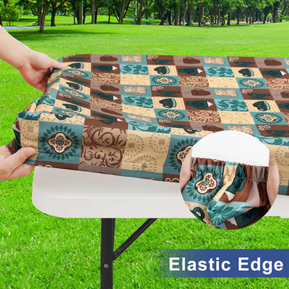 Rectangle Printed Fabric Tablecloth, Elastic Fitted Table Cloth for 6 Foot Table, Washable Polyester Table Cover for Outdoor, Picnic, Camping and Indoor, (Coffee Cup, 30" X 72")
