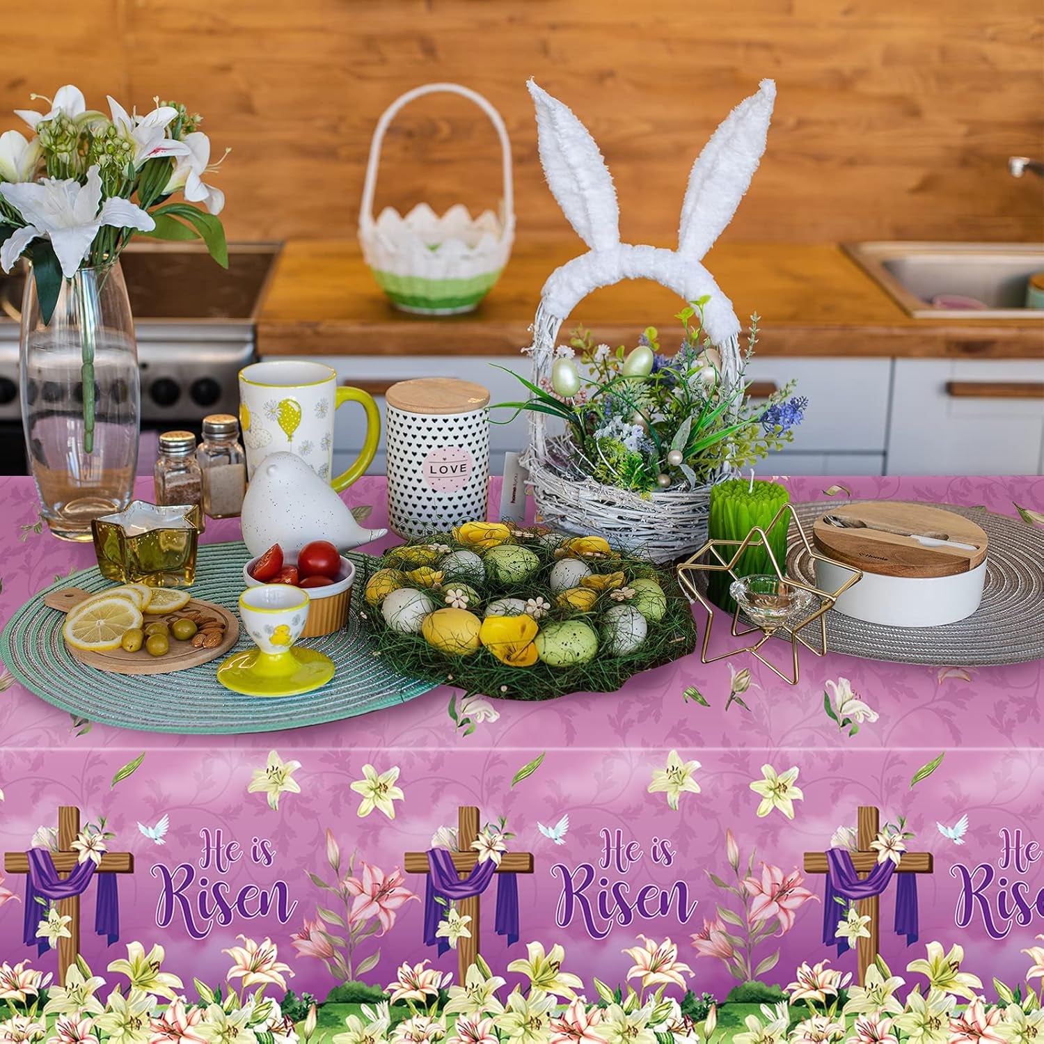 3 Pack He Is Risen Easter Tablecloth Party Decorations, Spring Lily Floral Easter Plastic Tablecloth Rectangle for Holiday Spring Farmhouse Kitchen Dining Table Decorations Indoor Outdoor, 54X108 Inch