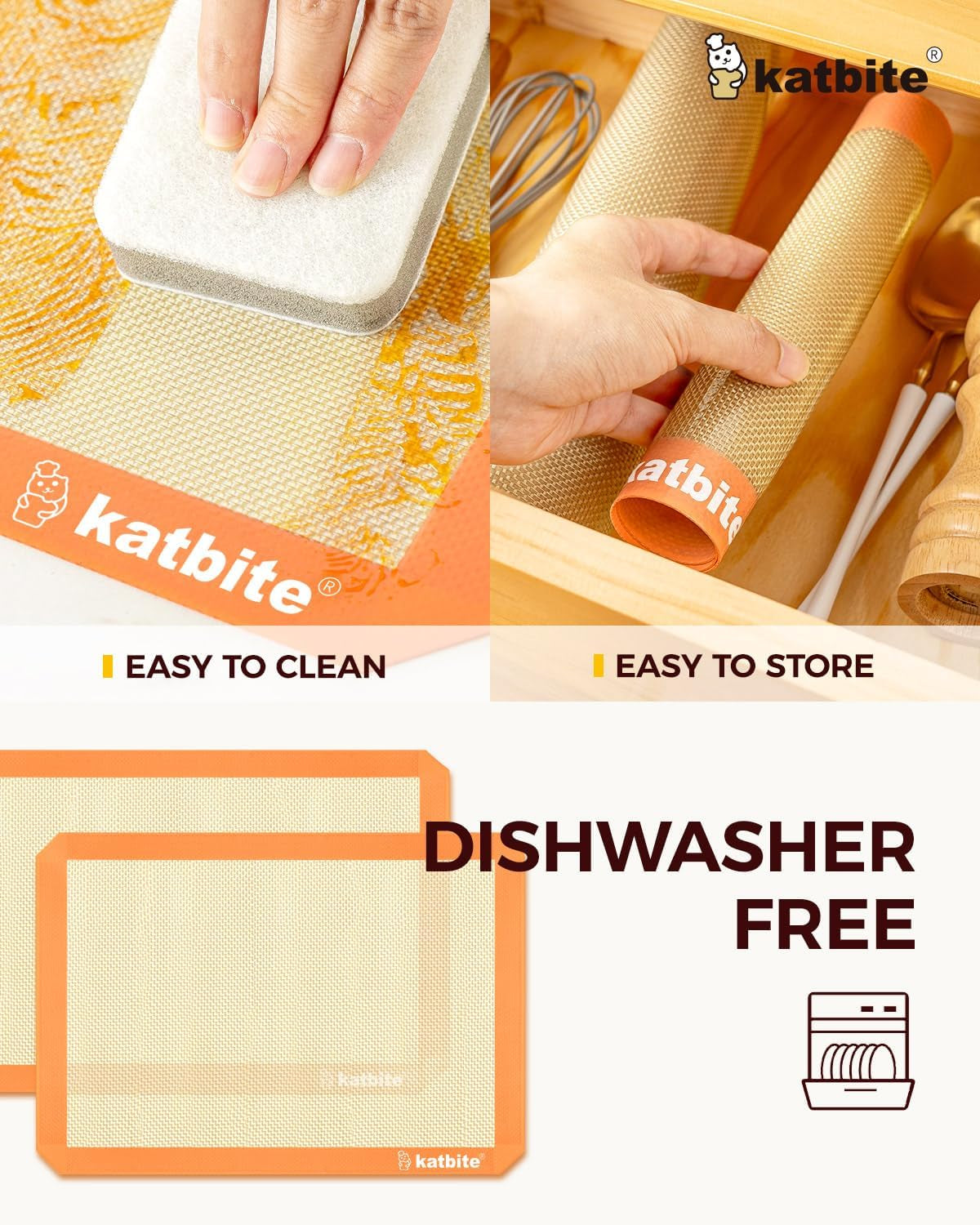 Silicone Baking Mat Colorful Collection - Set of 3: 2 Half Sheets Mats (11 5/8" X 16 1/2") + 1 Quarter Baking Sheet, Reusable & Nonstick Bakeware Mats for Cookies, Macarons, Bread (Orange)