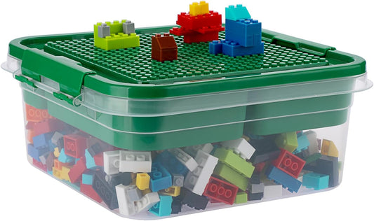 Plastic Storage Container with Brick Baseplate Lid for Building Blocks, Compartmentalized Organizer Tray, Stackable Storage Box for Building Block Collection (Green)