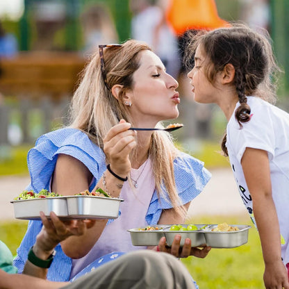 Stainless Steel Snack Containers for Kids Adults, 2 Pack 2 Compartment Metal Snack Containers Box with Lid, Reusable Food Storage Container, Leak Proof, Grab and Go, Blue