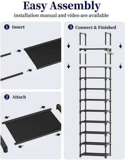 Shoe Rack - 10-Tier Shoe Organizer with Detachable Fabric Shelves & Metal Frame, Tall Shoe Rack for Closet, Entrance, Living Room, 16.9" X 11.8" X 68.5", Black